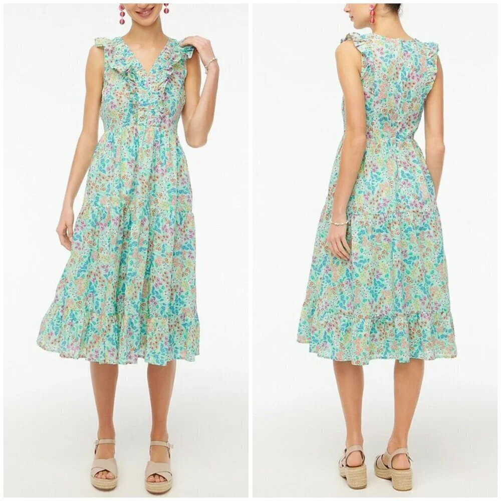 💕J. CREW💕 Printed V-Neck Smocked Midi Dress ~ Fresh Spearmint Floral Print 8